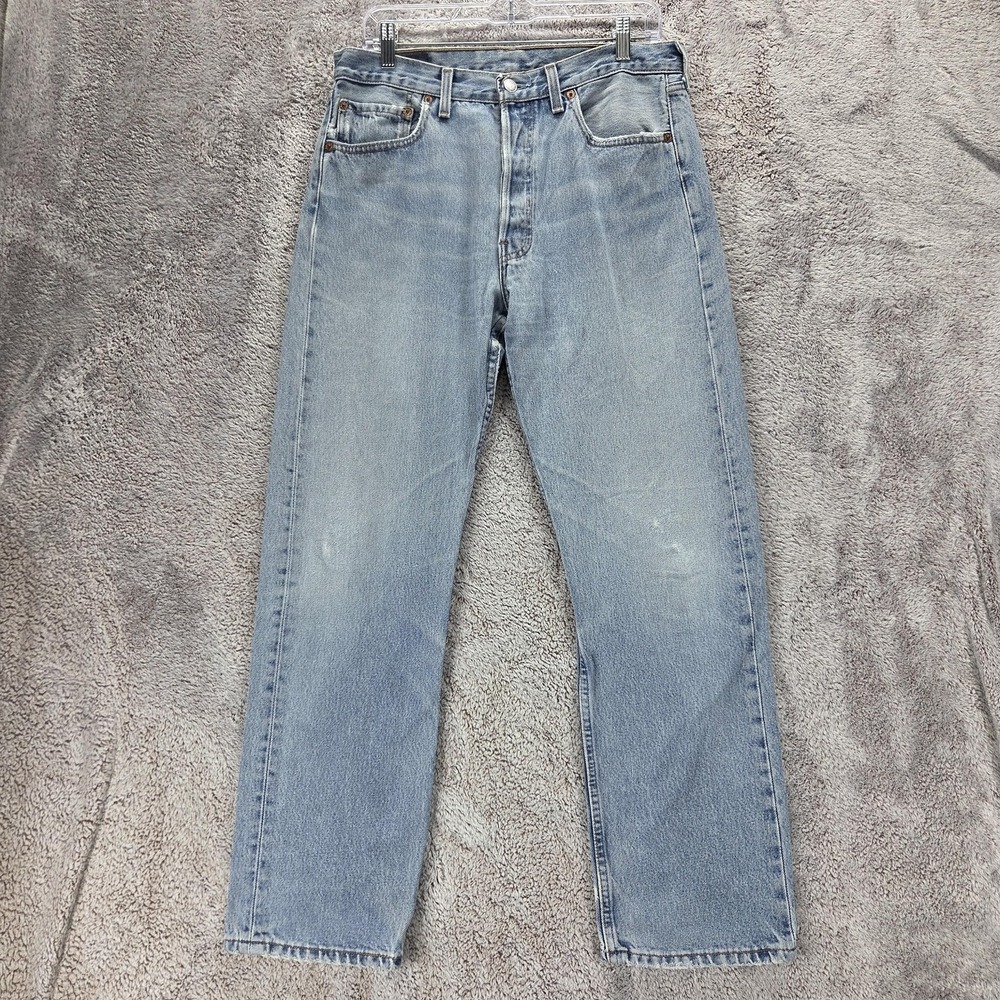 Vintage Levis 501 Jeans Mens Blue Light Wash Made USA 90s Button Fly Fits 31x29